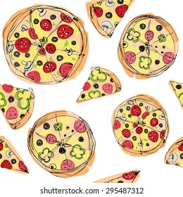seamless pattern pizza, pizza slices . color . White background. vector