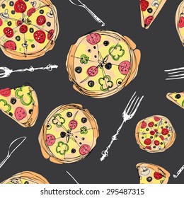 seamless pattern pizza, pizza slices . cutlery, knife, fork . Dark background . vector