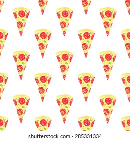 Seamless pattern with pizza slices. Hand-drawn background. Vector illustration. Real watercolor drawing.