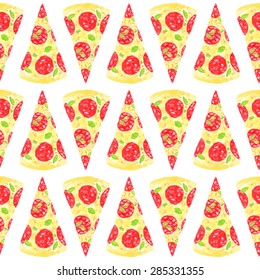Seamless pattern with pizza slices. Hand-drawn background. Vector illustration. Real watercolor drawing.