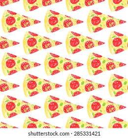 Seamless pattern with pizza slices. Hand-drawn background. Vector illustration. Real watercolor drawing.