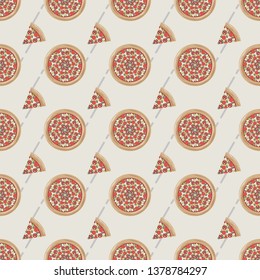 Seamless pattern of pizza slices with ingredients.