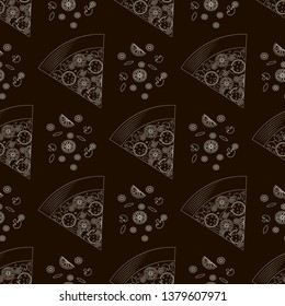 Seamless pattern of pizza slices with ingredients. Outline seamless background of vector slices of pizza