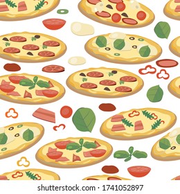 Seamless pattern with pizza slices and ingredients