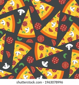 Seamless pattern with pizza slices and pizza ingredients on a white background. Pizza menu. For packaging, advertising, menus. Vector illustration. Realistic