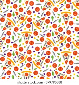 Seamless pattern of pizza slices with ingredients. Bright seamless background of vector slices of pizza in a flat style. Vector illustration.