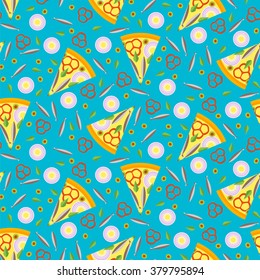 Seamless pattern of pizza slices with ingredients. Bright seamless background of vector slices of pizza in a flat style. Vector illustration.