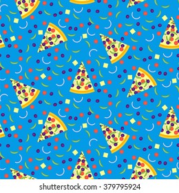 Seamless pattern of pizza slices with ingredients. Bright seamless background of vector slices of pizza in a flat style. Vector illustration.