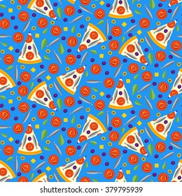 Seamless pattern of pizza slices with ingredients. Bright seamless background of vector slices of pizza in a flat style. Vector illustration.