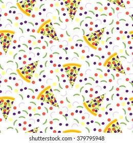 Seamless pattern of pizza slices with ingredients. Bright seamless background of vector slices of pizza in a flat style. Vector illustration.