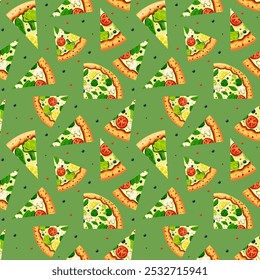 Rebanadas de pizza sin patrón con champiñones, brócoli, espinacas, limón, tomates y hierbas, vista superior. Vector para el diseño de embalaje, tela