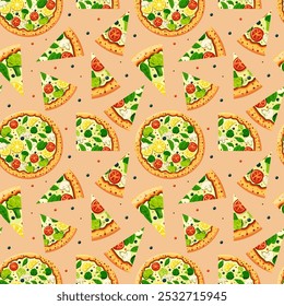 Rebanadas de pizza sin patrón con champiñones, brócoli, espinacas, limón, tomates y hierbas, vista superior. Vector para el diseño de embalaje, tela