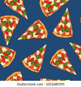 Seamless pattern with
pizza slices on dark
blue background. Hand drawn vector illustration.