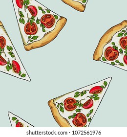 Seamless pattern with pizza slices on pastel blue background. Hand drawn vector illustration.