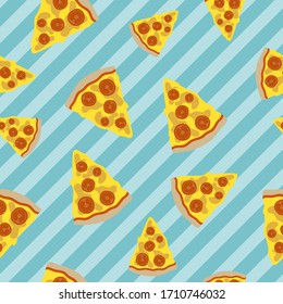 Seamless pattern with pizza slices on blue diagonal stripes