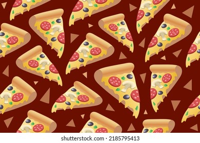 Seamless pattern with pizza slices on red background. Pizza slices with salami, olive, mushroom and mozzarella.