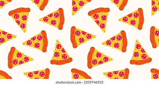 Seamless pattern with pizza slices pepperoni. Hand drawn vector illustration. Trendy retro cartoon style in 80 90s.