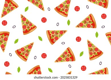 Seamless pattern with pizza slices, tomatoes and lettuce leaves on white background. For textiles, backgrounds, menus. Fast food, pastries, Italian cuisine. Vector illustration