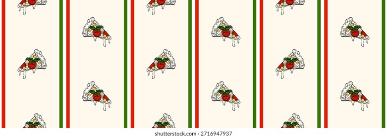 Padrão sem emenda com fatias de pizza, tomates, ervas e queijo em um fundo quente. Tema de comida italiana adequado para embalagem, marca de restaurante, têxteis, papelaria e decoração de cozinha.