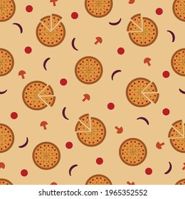 seamless pattern of pizza, pizza slices and toppings, onions, mushrooms, pepperoni in a neutral light orange background, vector illustration