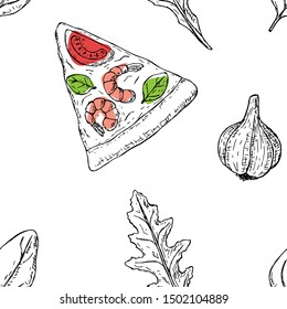 Seamless pattern of pizza slices. Vector cartoon background. Hand-drawn style.
