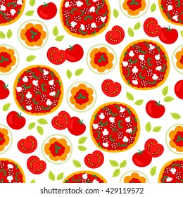 Seamless pattern with pizza, spaghetti, tomato and basil. Perfect for wallpaper, pattern fills, web page background, textile, food background, restaurant menu, Italy holidays