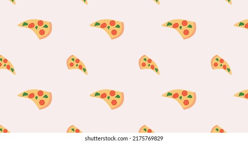 Seamless pattern of pizza texture, fast food background, junk food wallpapers, pizza ornament. Unhealthy Nutrition concept. Flat vector illustration for textiles, wrapping paper, packaging, cover