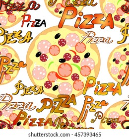 seamless pattern with a pizza and the title of the pizza. vector illustration