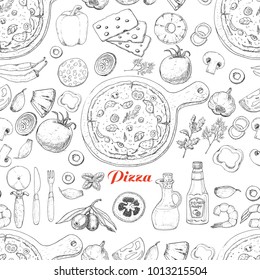 Seamless pattern with pizza and various products. Vector illustration for restaurant identity, packaging and menu design