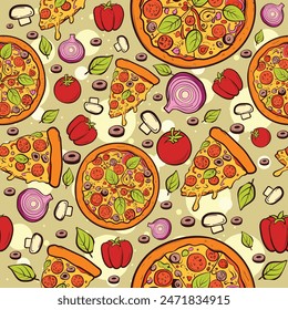 Seamless pattern with pizzas and pizza slices with leaves, onions, tomatoes, salami and mushrooms. Doodles with fast food snack and vegetables