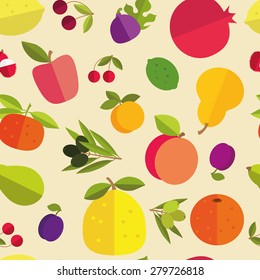 Seamless pattern of placer fruits of fruit trees. Citrus fruits, stone fruits, pome fruits and exotic fruits on a light background. Bright pleasant colors.