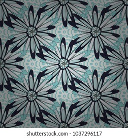 Seamless pattern with plaid. Checkered vector seamless pattern with grunge texture and abstract blue, black and gray flowers. Tile for wallpaper or fabric.