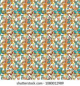 Seamless pattern with plaid. Checkered vector seamless pattern with grunge texture and abstract blue, orange and brown flowers. Tile for wallpaper or fabric.