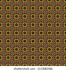 Seamless pattern with plaid. Checkered vector seamless pattern with grunge texture and abstract blue, brown and orange flowers. Tile for wallpaper or fabric.