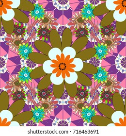 Seamless pattern with plaid. Checkered vector seamless pattern with grunge texture and abstract brown, purple and neutral flowers. Tile for wallpaper or fabric.