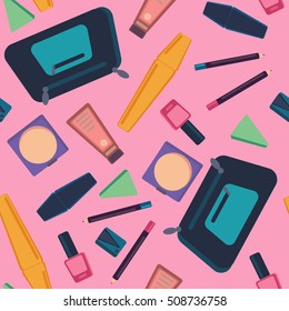 Seamless pattern with plain objects of cosmetics: bottle, cream, eyeshadow, handbag, lipstick, mascara, nail, pencil, powder, sharpener, sponge.