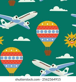 Seamless pattern with plane and hot air baloons flying in the sky. Vector print for backgrounds, wrapping paper, fabrics, textile