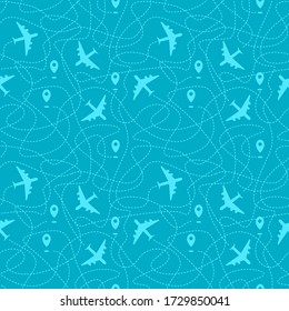 Seamless pattern with plane paths, start points and dashed routes. Blue travel background. Vector illustration.