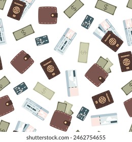 Seamless pattern with plane tickets, passport and money. Endless background with travel documents. Travel around the world, adventure. Great for wallpaper, scrapbooking, fabric