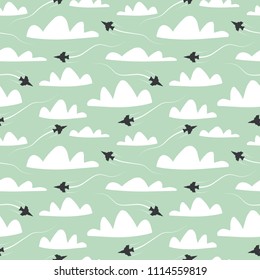 Seamless pattern. Planes in the air.Web site page and mobile app design element.Air traffic silhouette.Air travel.Airplane routes.Vector illustration.