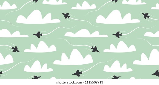 Seamless pattern. Planes in the air.Web site page and mobile app design element.Air traffic silhouette.Air travel.Airplane routes.Vector illustration.