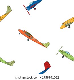 Seamless pattern with planes in cartoon style on white background.