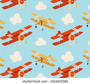 Seamless pattern with planes and clouds. Vector background.