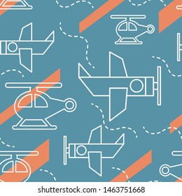 Seamless pattern with planes and helicopters. Cartoon air vehicle. Kids background. Children wrapping paper. Vector illustration.