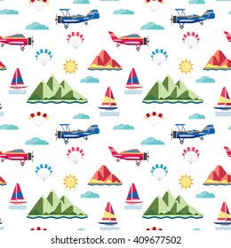 Seamless pattern with planes, parachute, paraglider, clouds, yacht, mountains island and sun on white background. 
