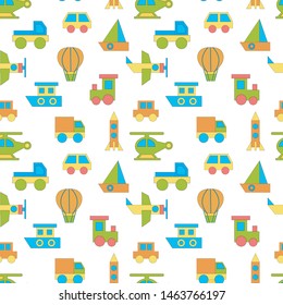 Seamless pattern with planes and Seamless pattern with set vehicle. Cartoon cars, ships, trains, planes. Kids background. Children wrapping paper. Kids textile print. Vector illustration.