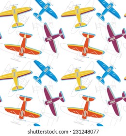 Seamless pattern with planes and their drawings on white backdrop