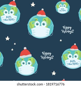 seamless pattern Planet Earth in medical mask on blue. Happy holidays, lettering. Pandemic Christmas concept. Vector illustration.