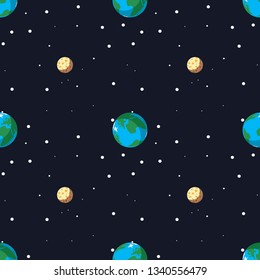 Seamless pattern with the planet earth and moon