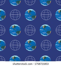Seamless pattern with planet earth and outline planet icon as an ecology or eco concept. Flat vector stock illustration with random planet as backdrop for design or printable background